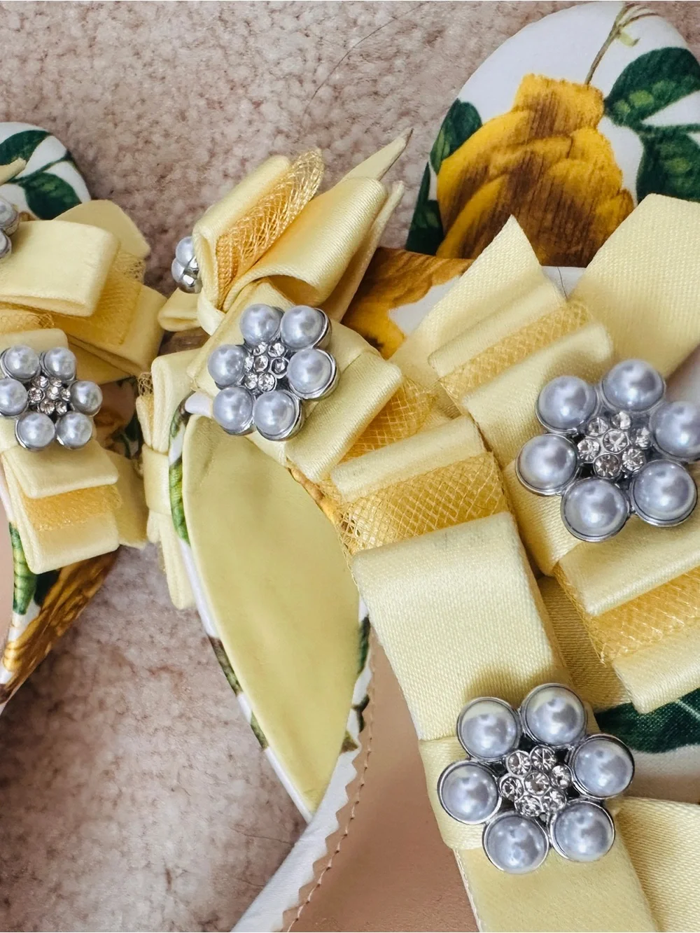 Gianni Bini Lele Embellished Yellow Floral Bow Pearl-Cluster Heels 6 - Picture 2 of 8